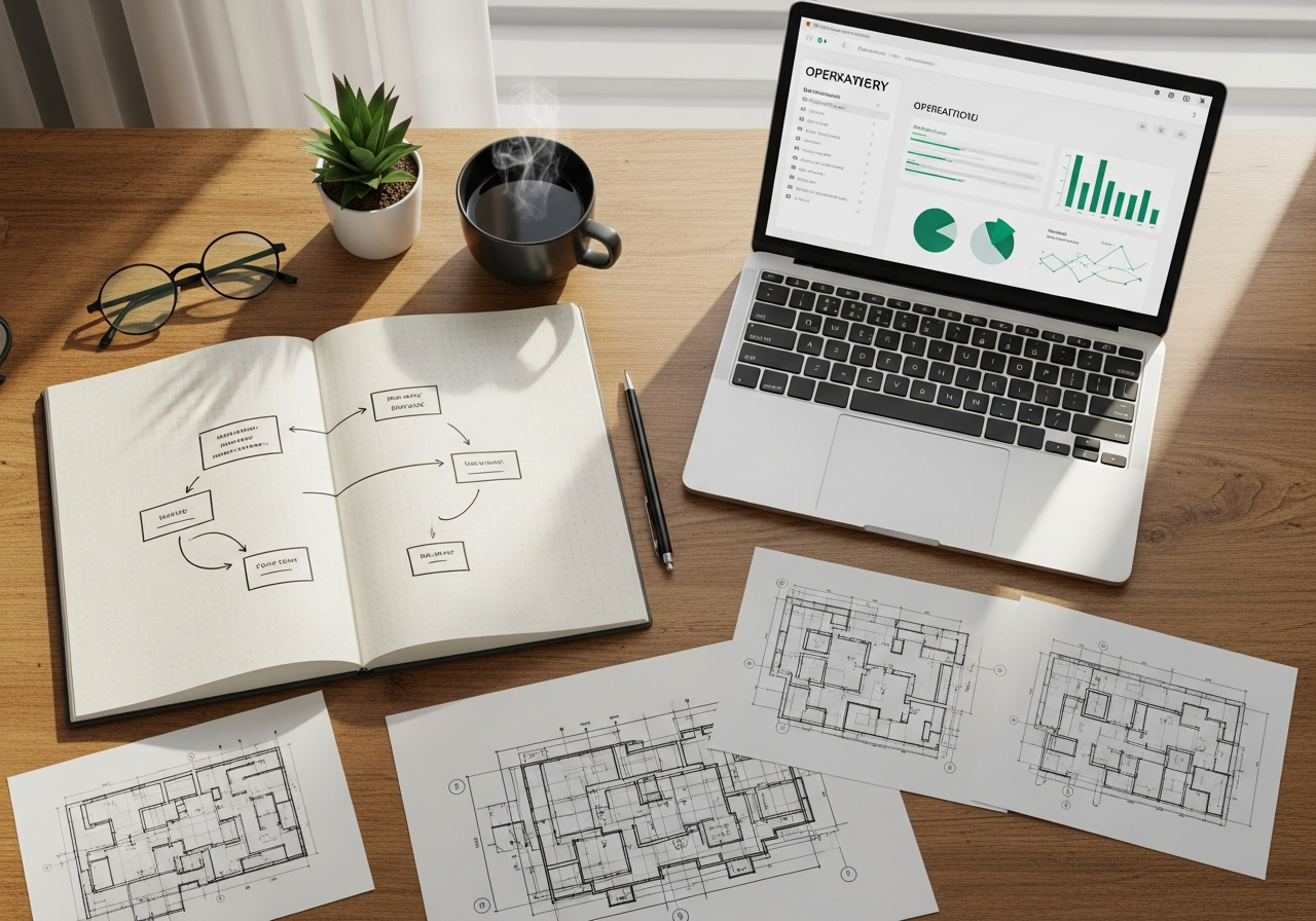 Top-down view of a workspace with a hand-drawn workflow notebook, a laptop showing an operational dashboard, printed wireframes and an architectural blueprint