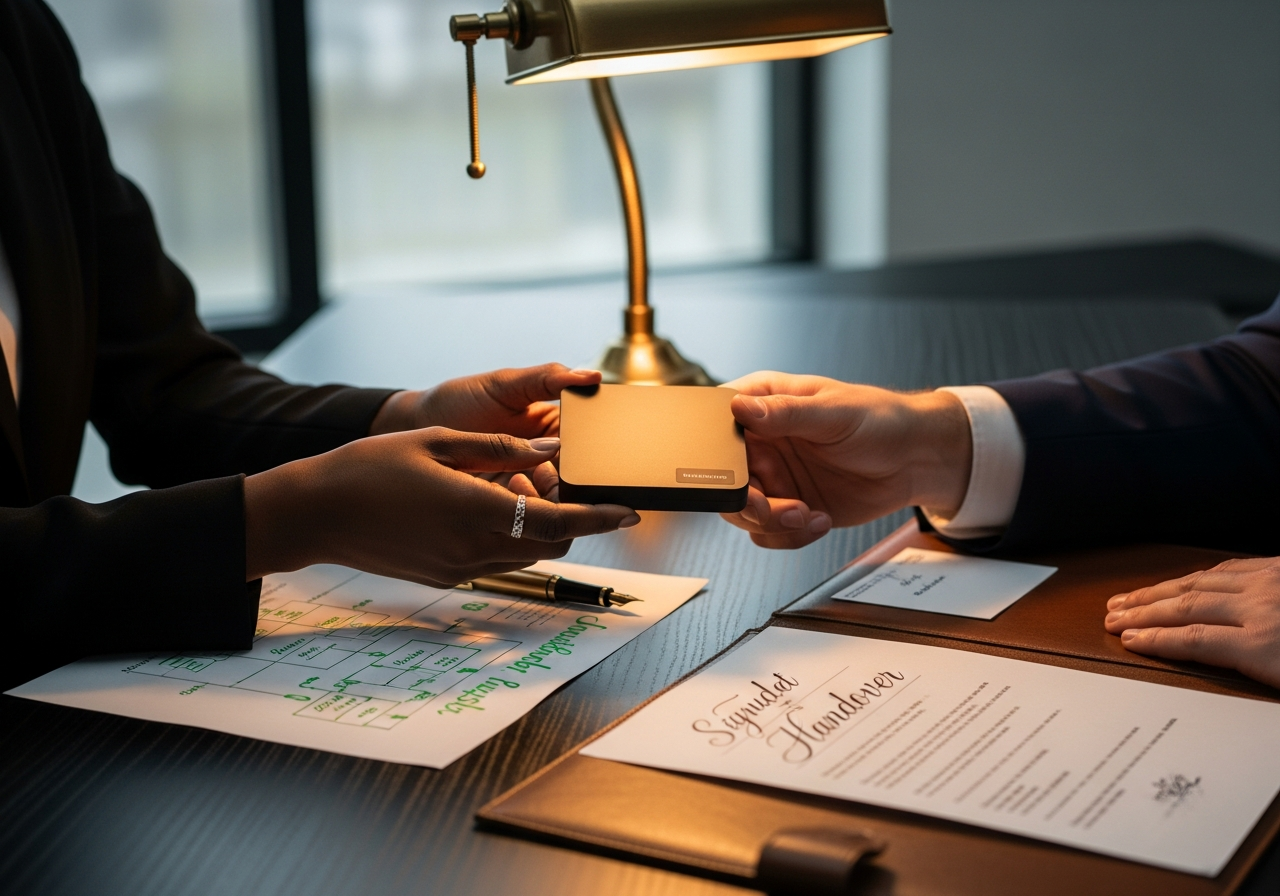 Two hands meeting across a boardroom table during a system handover, with a signed handover document, a printed architecture diagram and an external drive