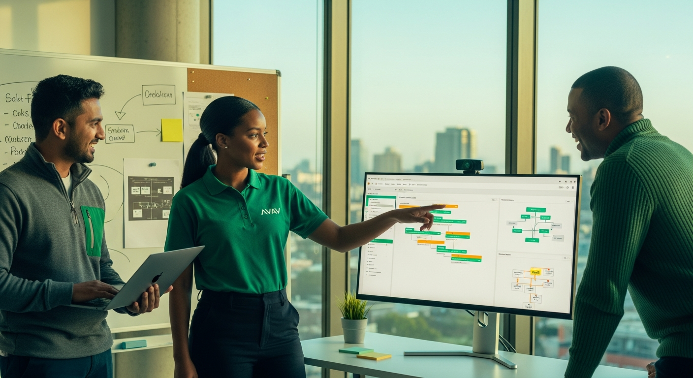 AVAV engineering team reviewing a system architecture diagram on a wall-mounted dashboard during a live build session