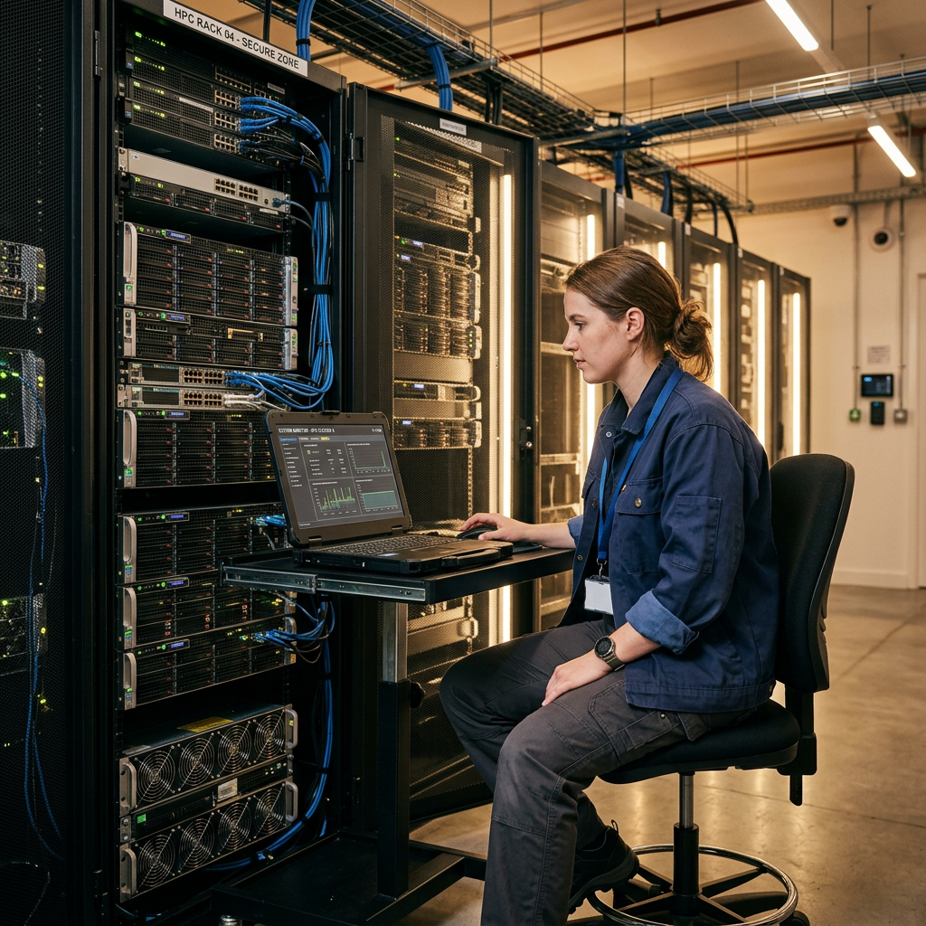 IT technician monitoring high-availability compute racks