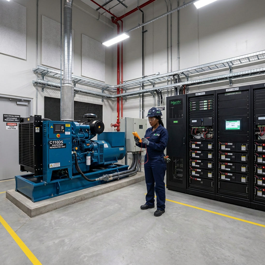 Black woman in AVAV-branded protective workwear inspecting commercial backup power equipment