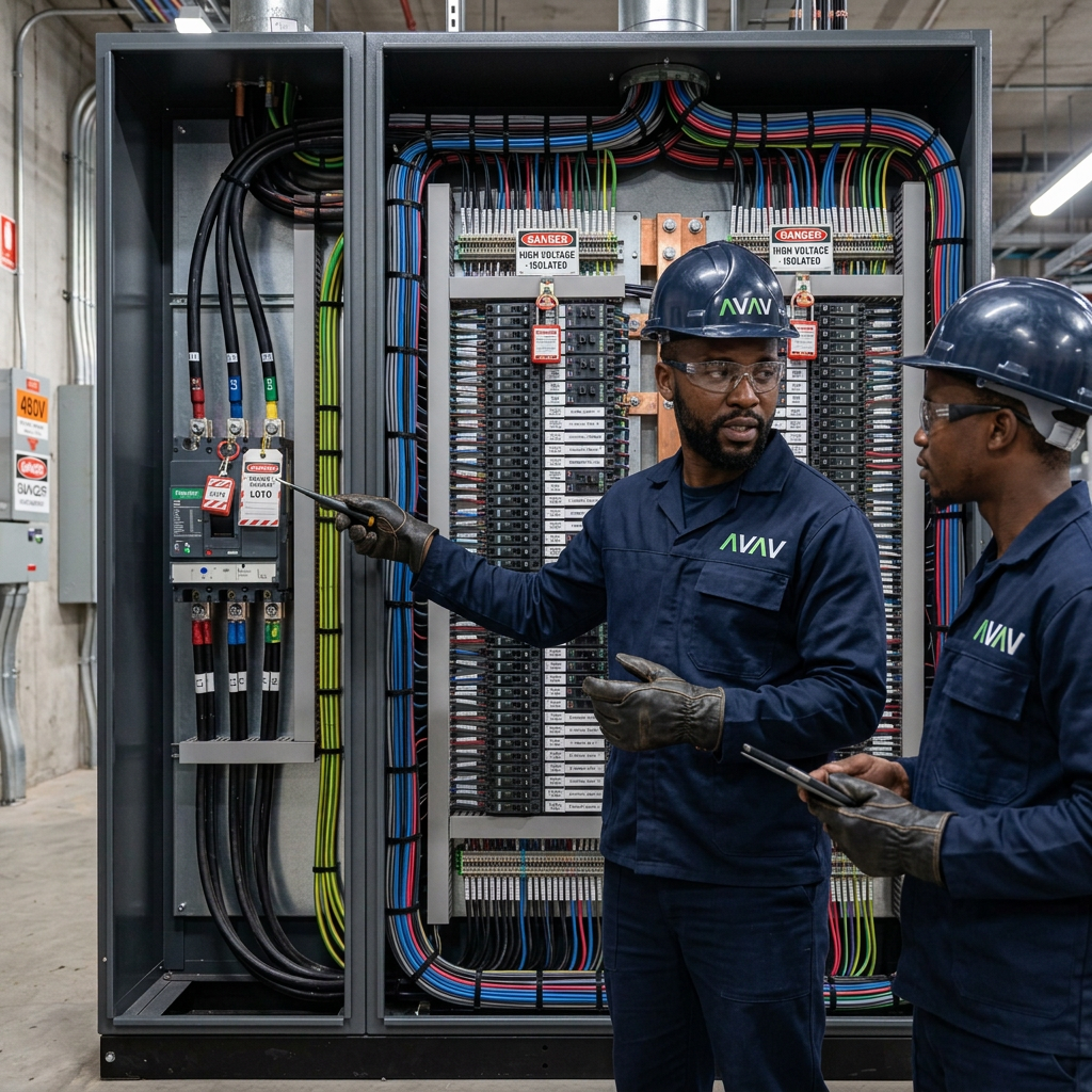 Black man in AVAV-branded protective workwear inspecting a distribution board