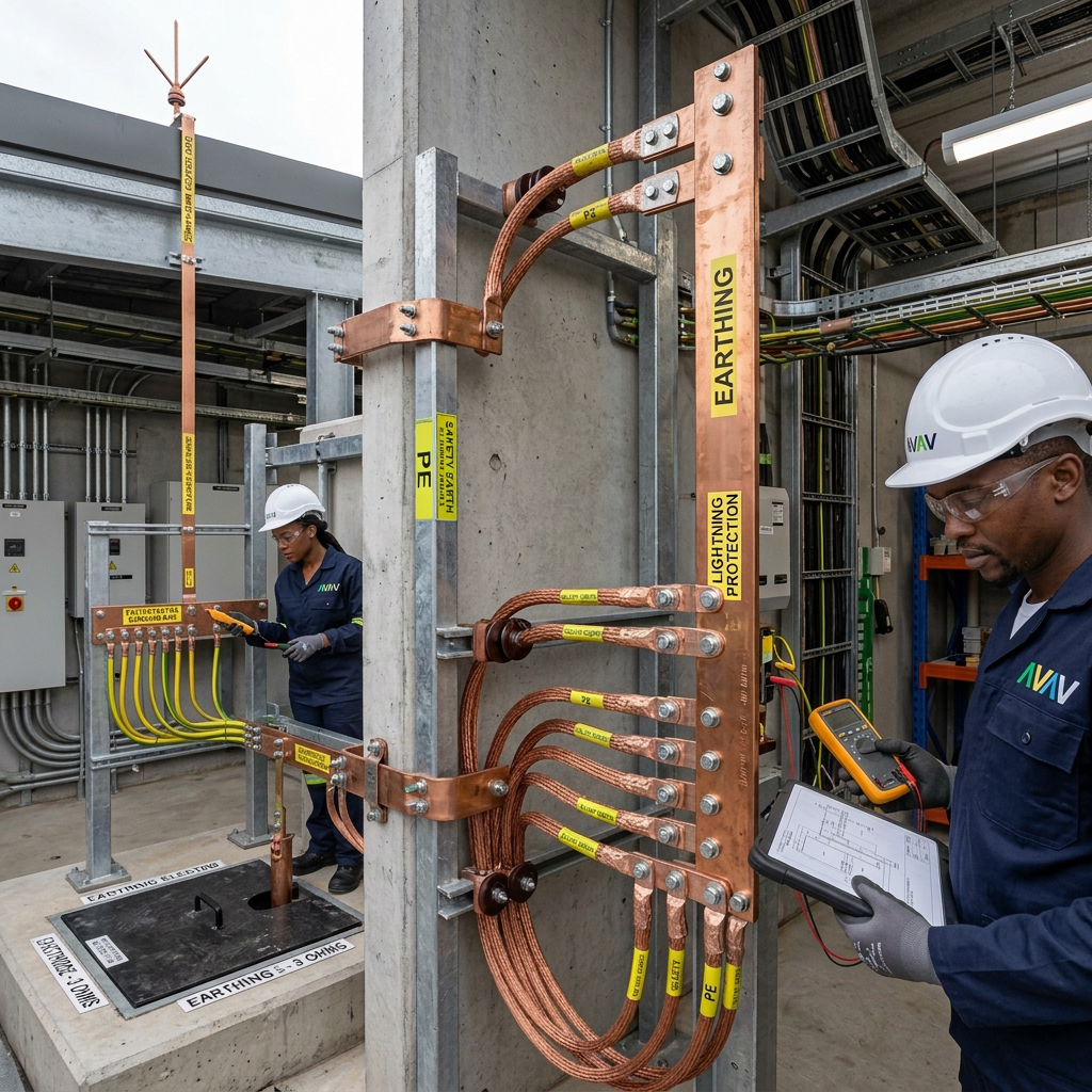 Black woman and man in AVAV-branded workwear inspecting earthing and lightning protection