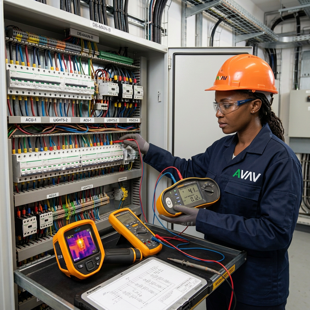 Black woman in AVAV-branded workwear using electrical diagnostic equipment