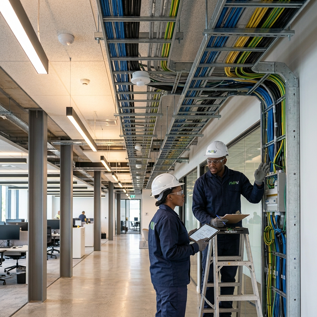 Black electrical professionals in AVAV-branded workwear planning a commercial installation