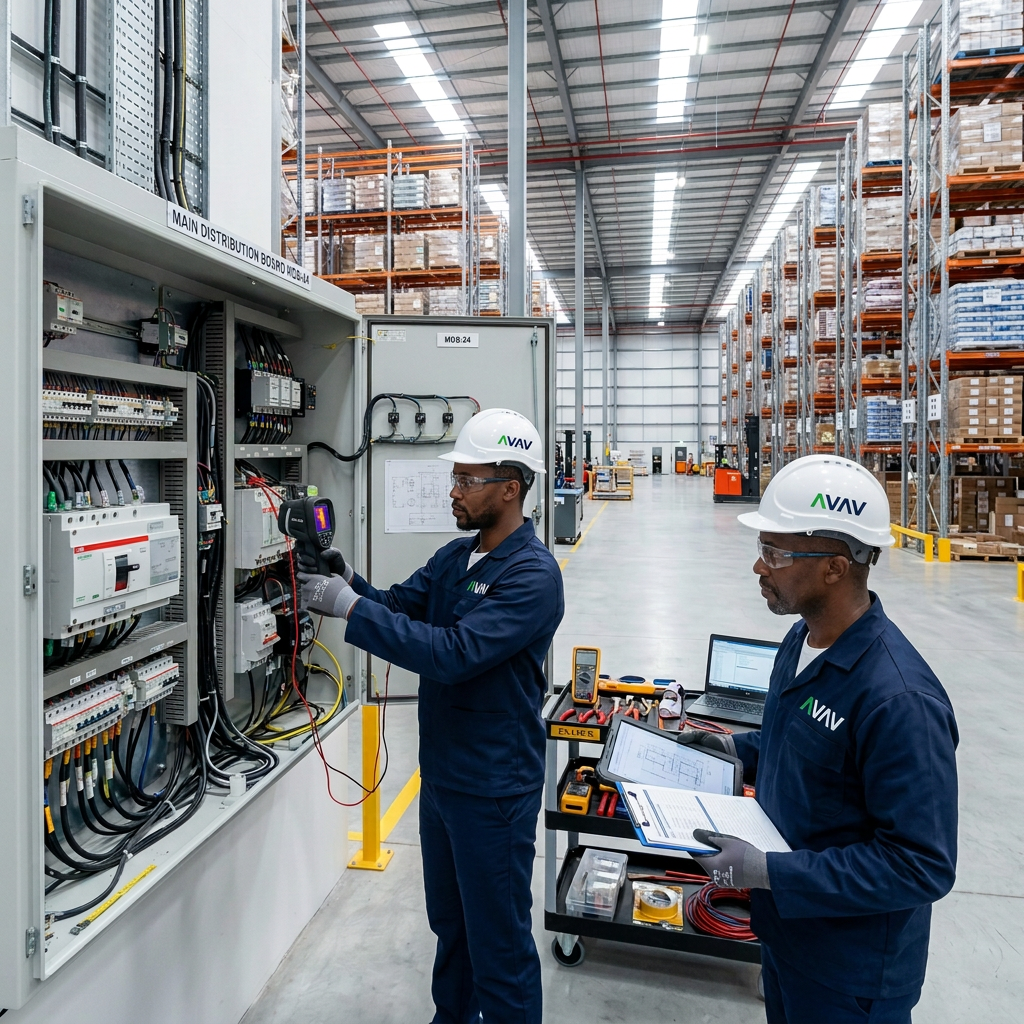 Black man in AVAV-branded protective workwear inspecting a commercial electrical installation