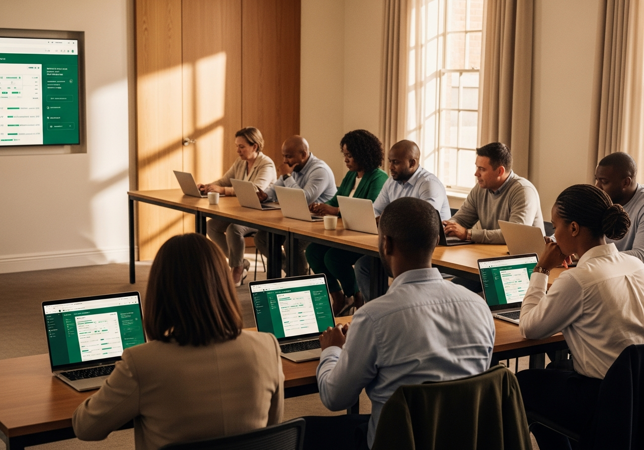 Adult learners following an online course in a training room