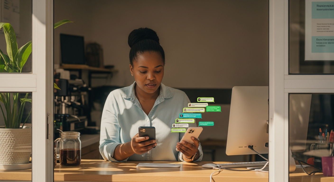 South African small-business owner behind a counter juggling two phones with overflowing customer chat conversations