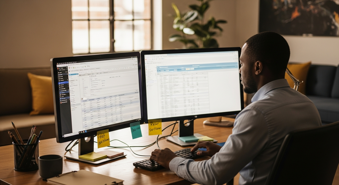 South African operations manager re-typing data between two disconnected business systems on separate screens