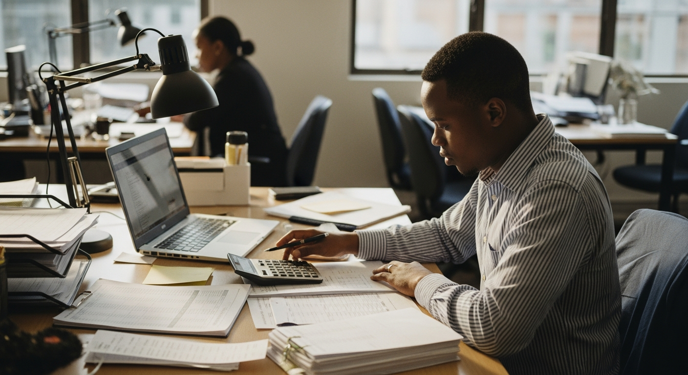 South African finance clerk processing payroll by hand at a cluttered desk with printed spreadsheets, a calculator and stacks of payslips