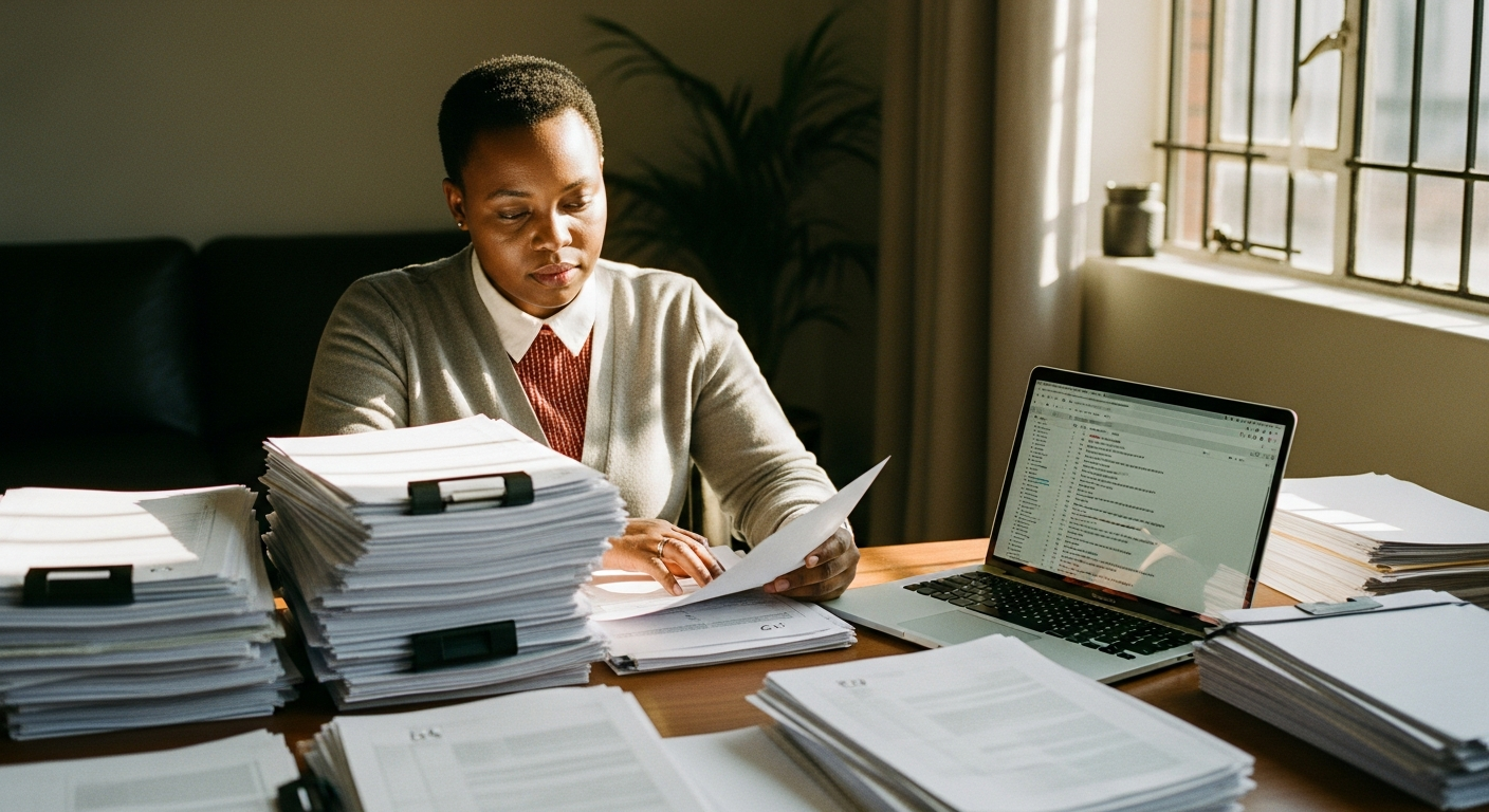 South African HR officer surrounded by tall stacks of printed CVs with an inbox full of attachments open on the laptop
