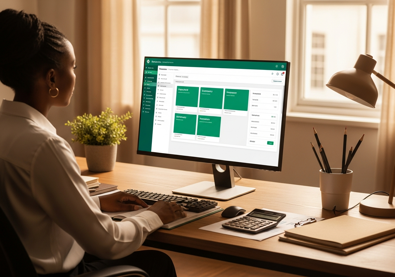 Payroll administrator reviewing a SARS-ready payroll dashboard