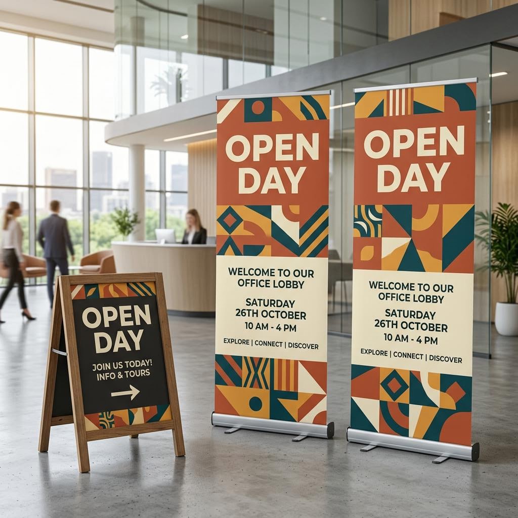 Pull-up banners and pavement signage concept in terracotta, ochre and teal in a bright office lobby