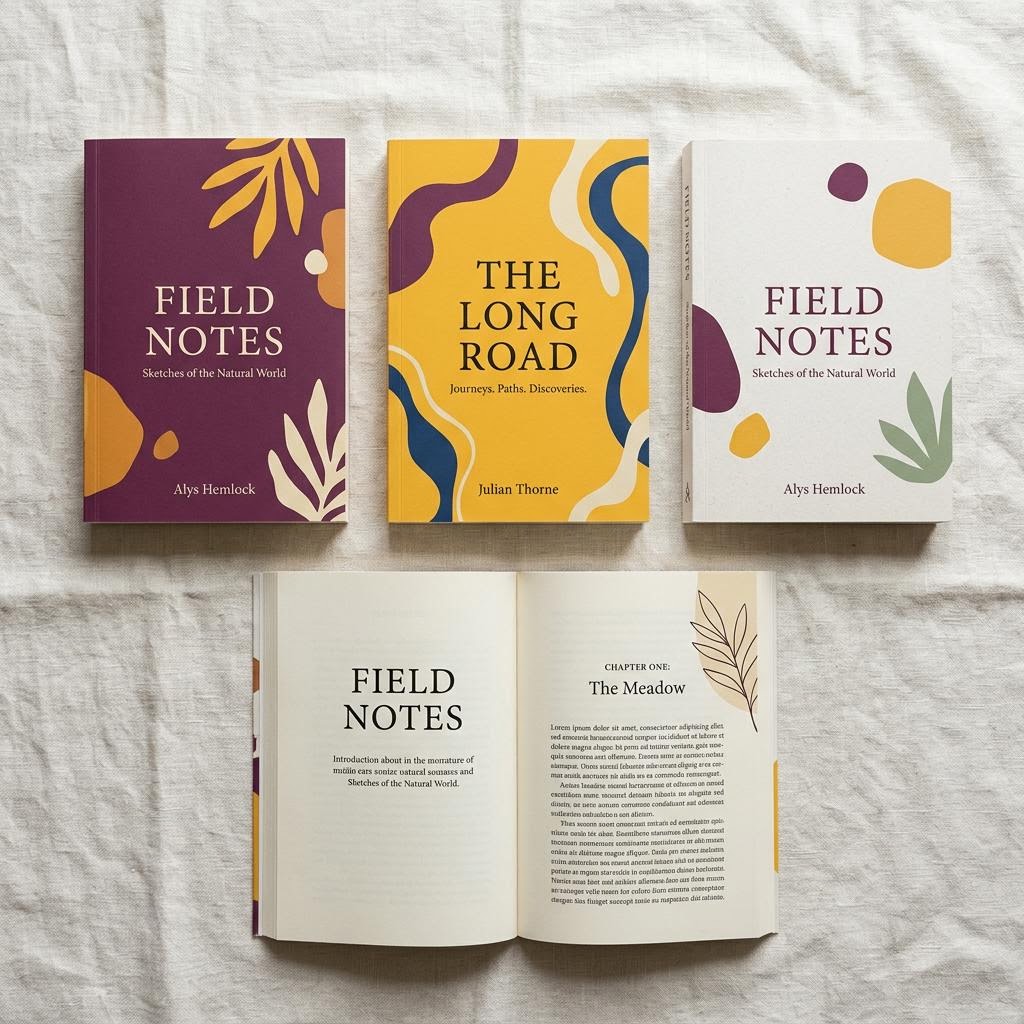 Paperback book cover concepts and an open interior spread on linen