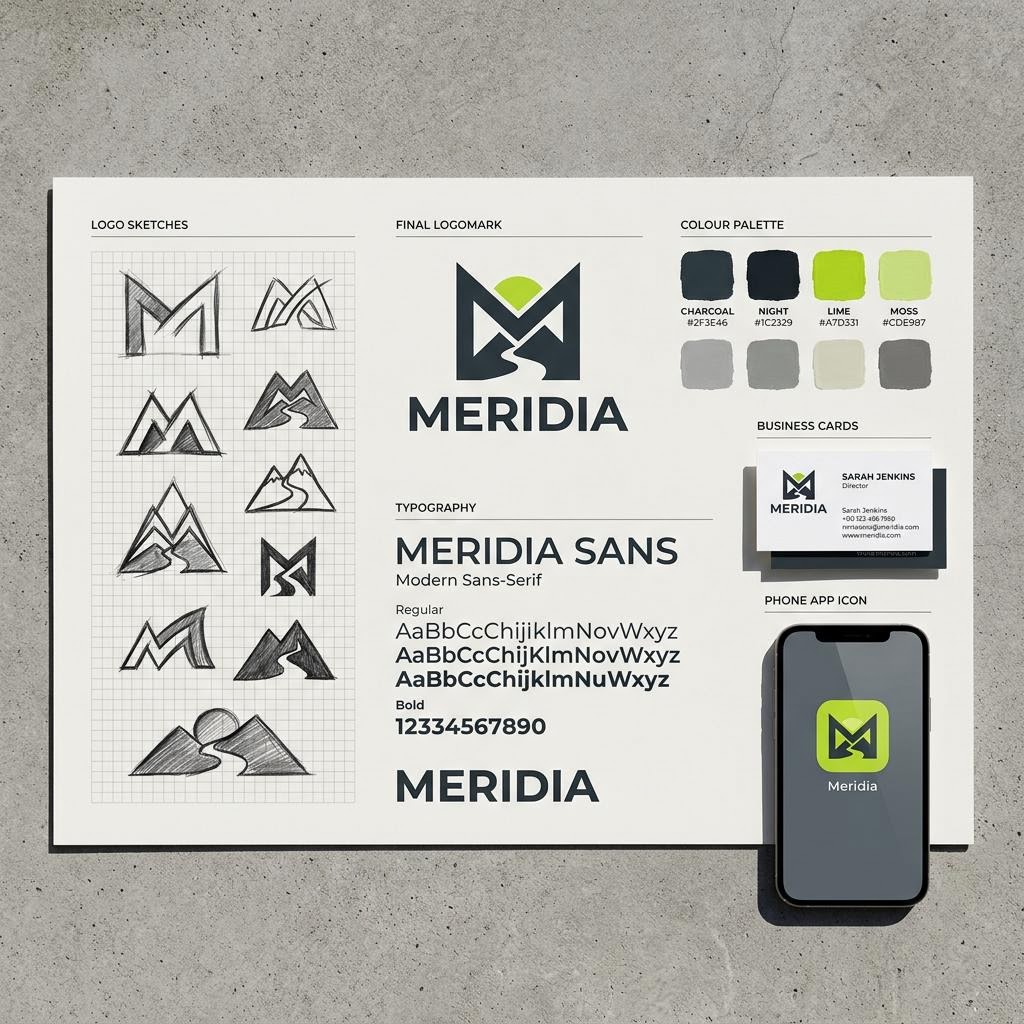 Brand identity board concept with logomark, palette swatches, type specimen and app icon
