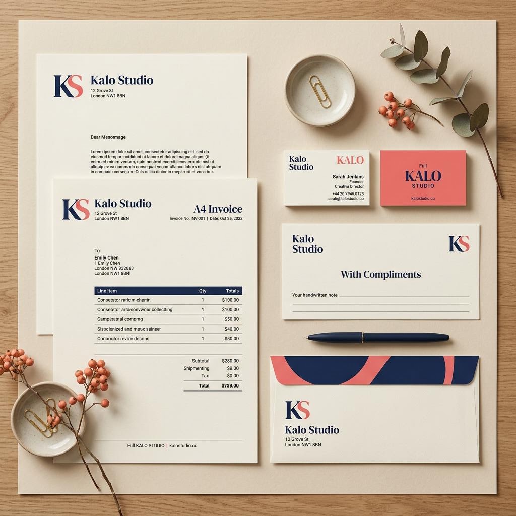 Stationery suite concept with letterhead, invoice, envelope and business cards in navy and coral