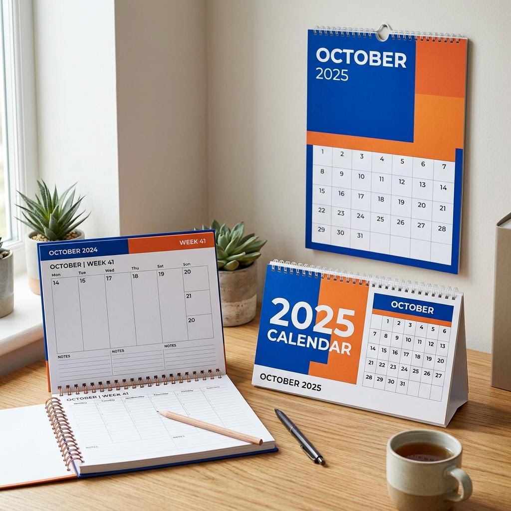 Wall calendar, desk calendar and weekly planner concept in cobalt and tangerine