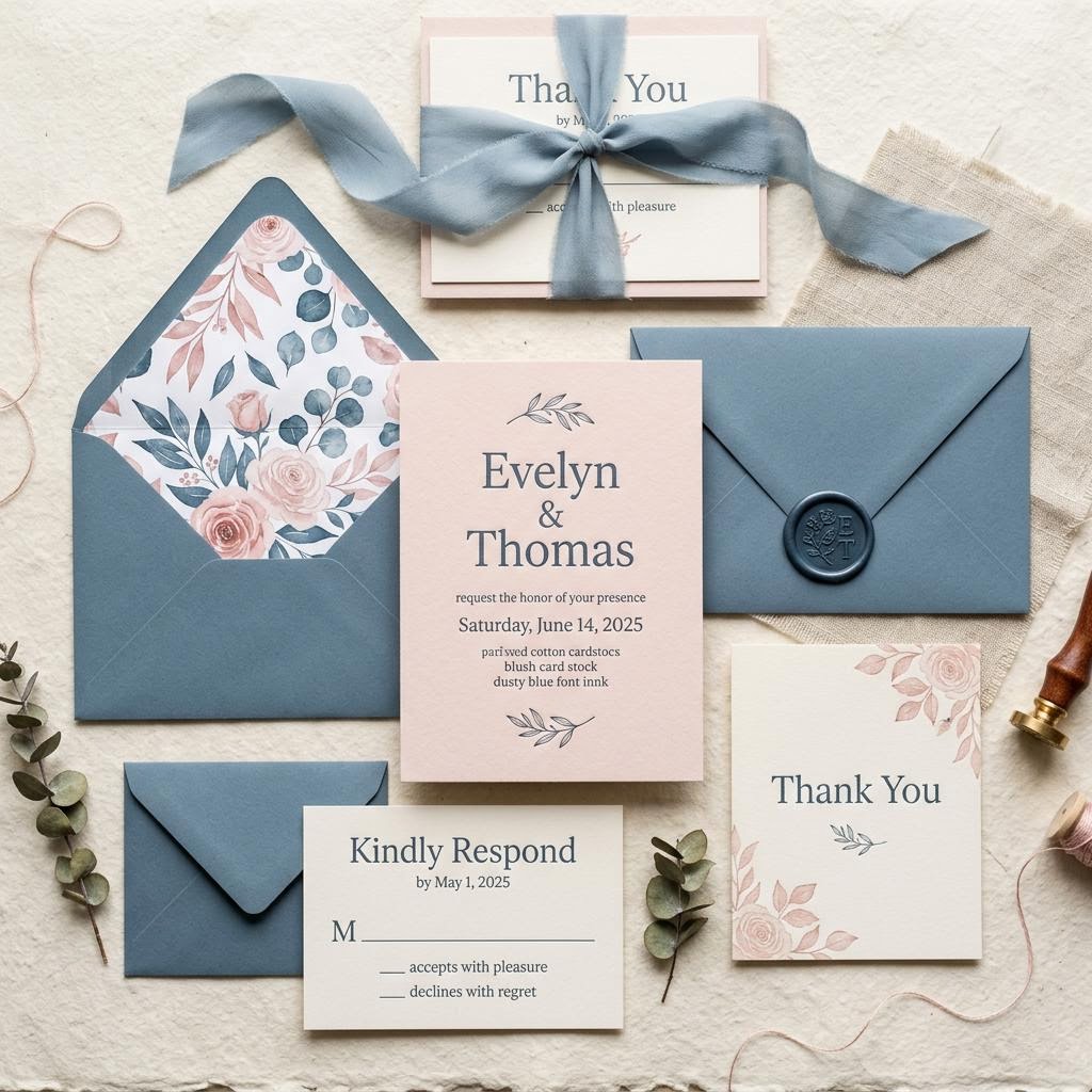 Invitation suite concept with RSVP card, thank-you cards and wax seal in dusty blue and blush