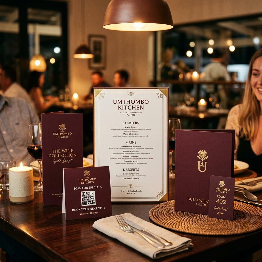 Restaurant menu, wine list, table card and hotel guest folder concept in burgundy and gold