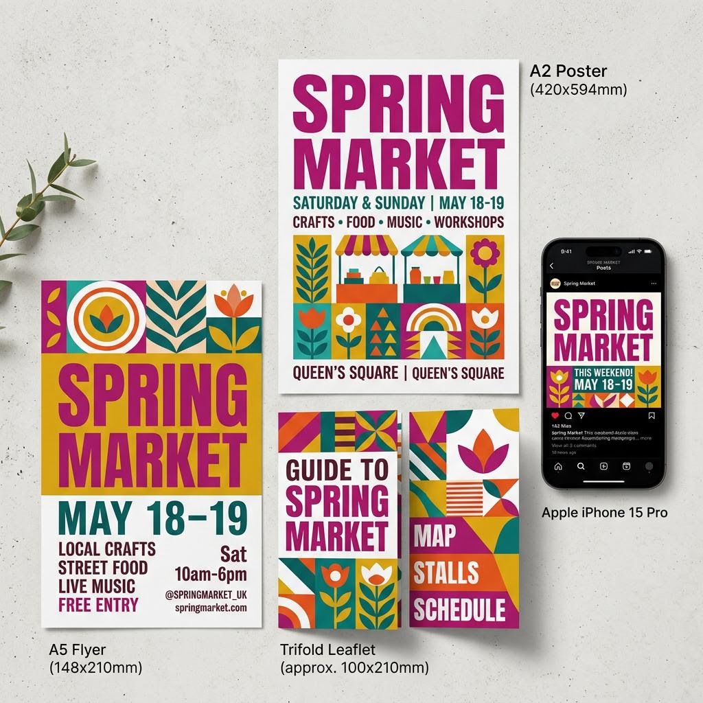 Flyers, trifold leaflet, poster and matching social media post concept in magenta and mustard