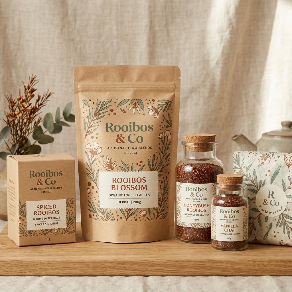 Coordinated pouch, boxes and jar label packaging concept in sage, rust and cream