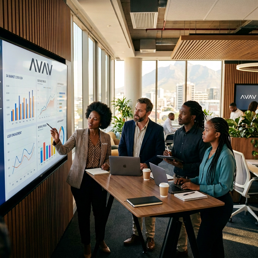 Data professionals in South African office reviewing AI dashboards