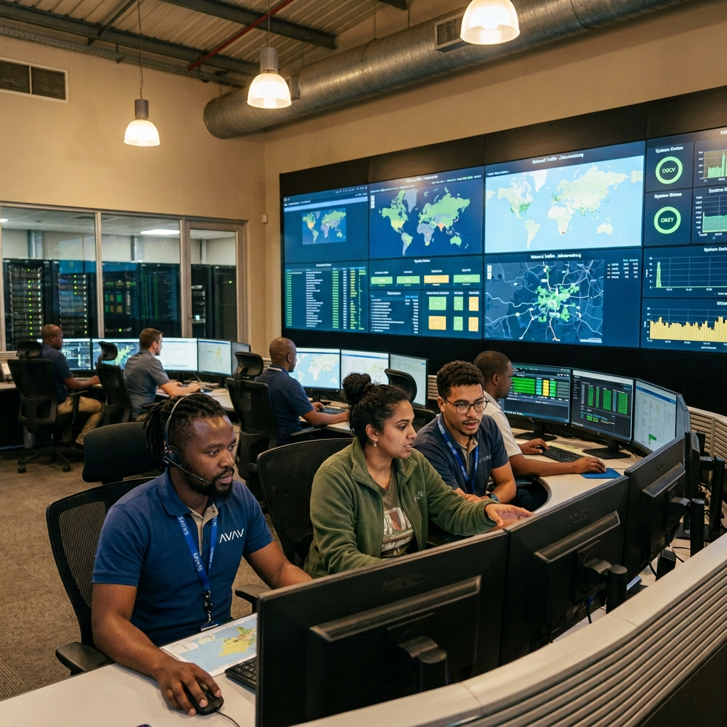 South African professionals monitoring a network operations center