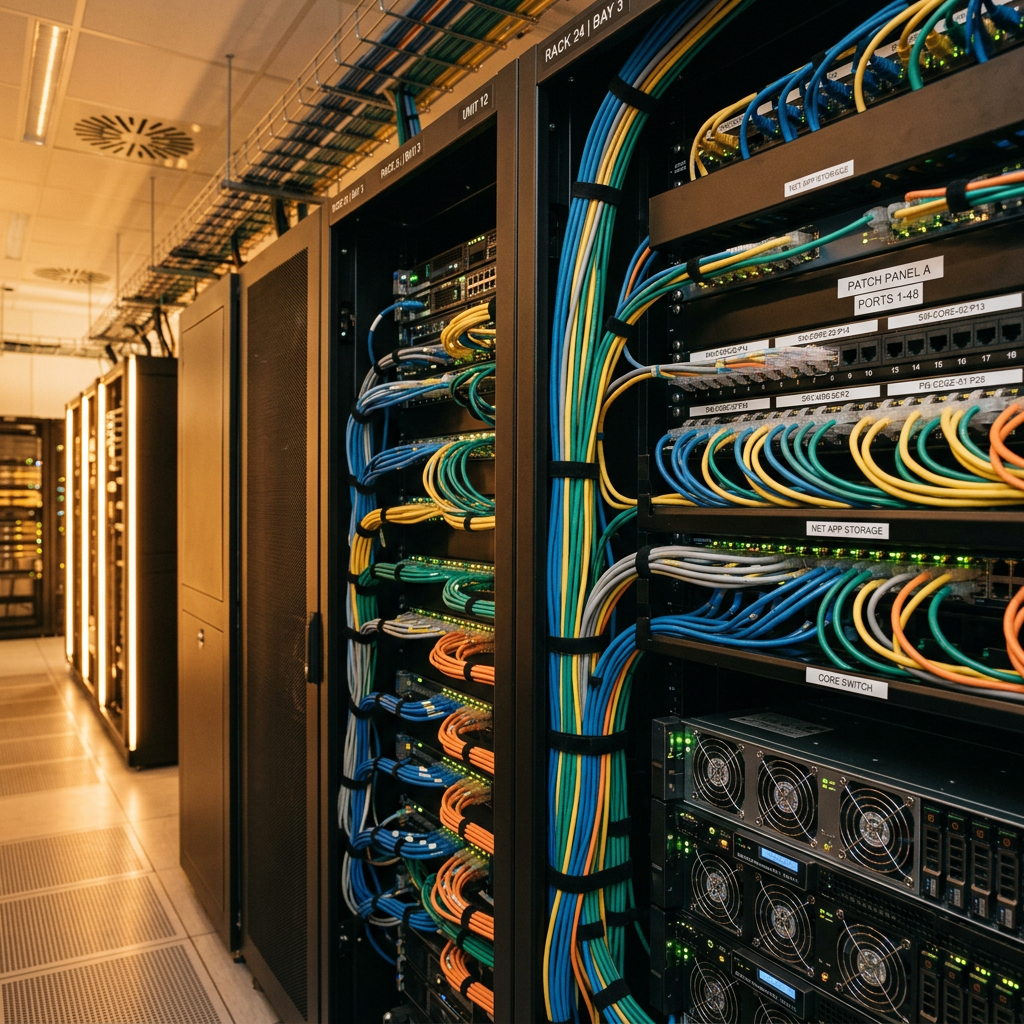 Close up of network cables and server racks in a secure data facility