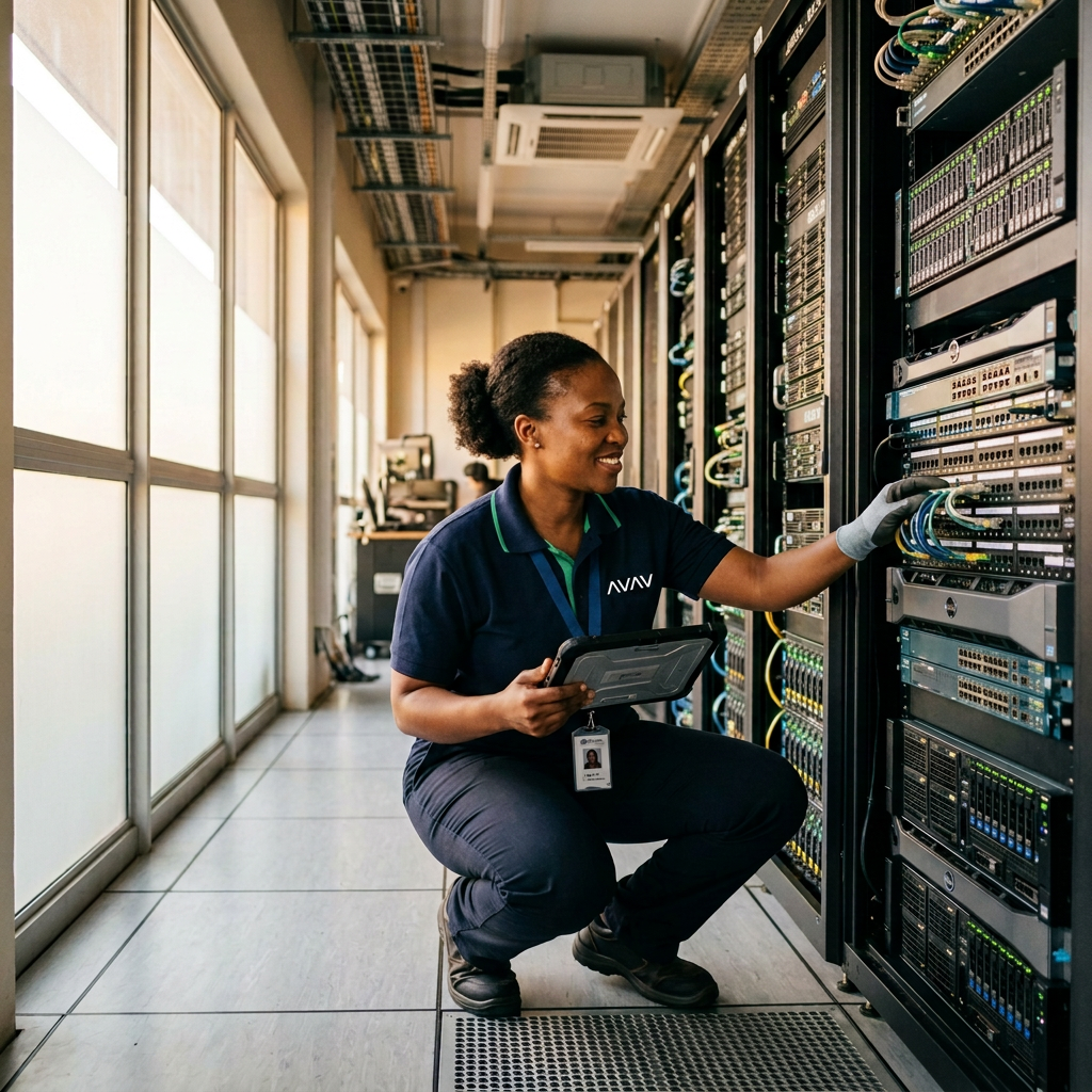 Interior of a modern data centre in Johannesburg, real South African IT professional inspecting a server rack