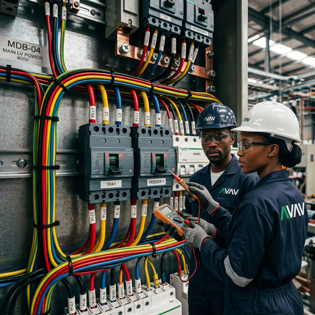 Black electrical professionals in AVAV-branded protective workwear reviewing a distribution panel