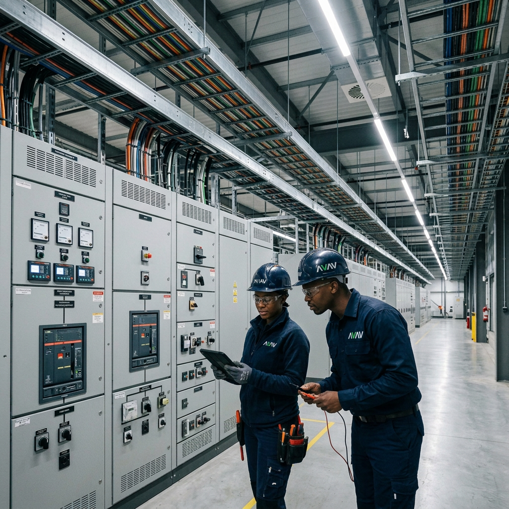 Black woman and man in AVAV-branded protective workwear inspecting commercial switchgear
