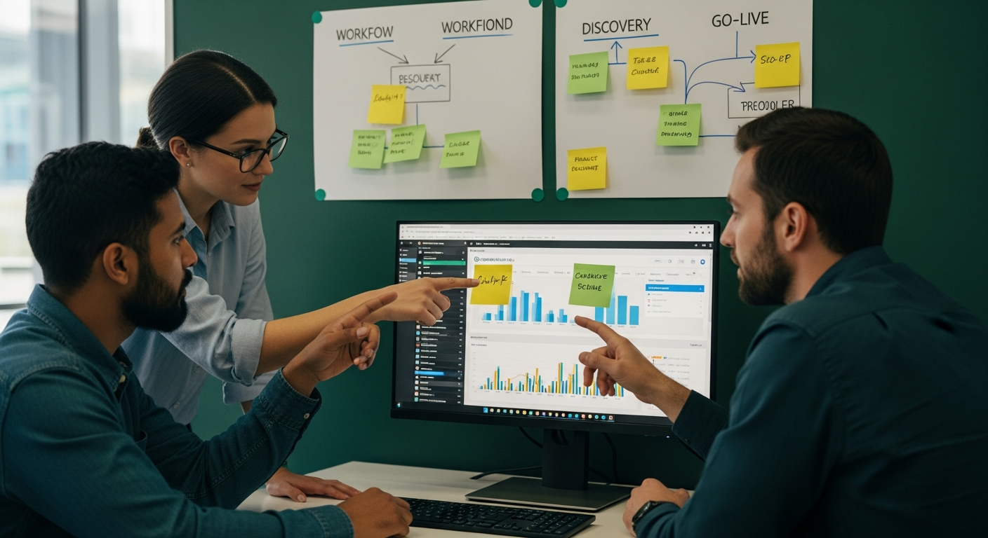 AVAV engineers and a designer working hands-on around a live operational dashboard with the workflow mapped on the wall behind them