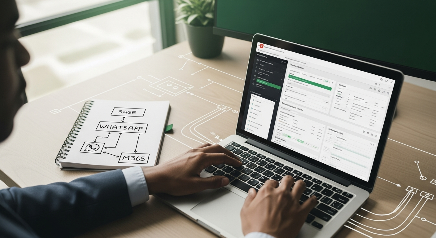 Developer's hands typing on a laptop with integration dashboards on screen and a hand-drawn system architecture in the notebook beside