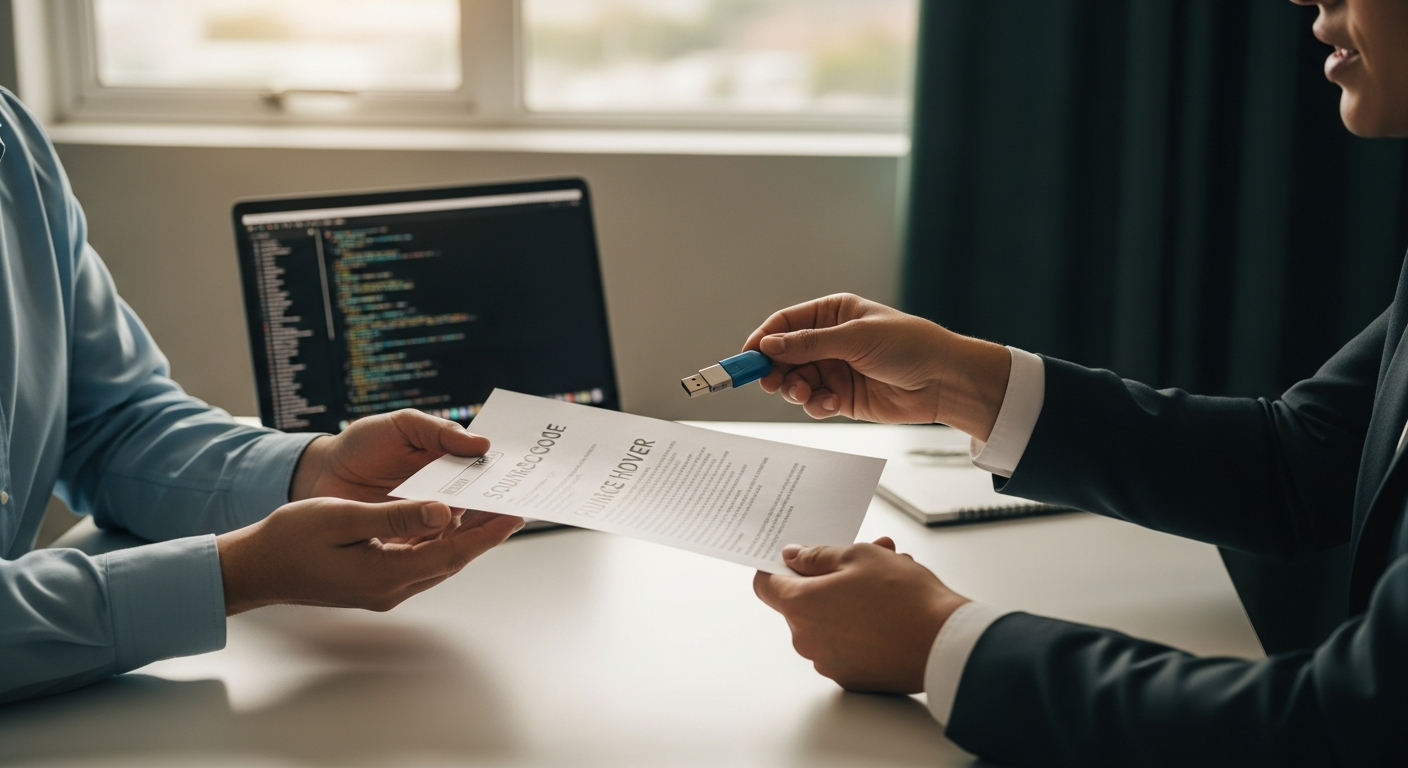 USB drive and printed source-code handover document being placed into the hands of a South African business owner across a boardroom table