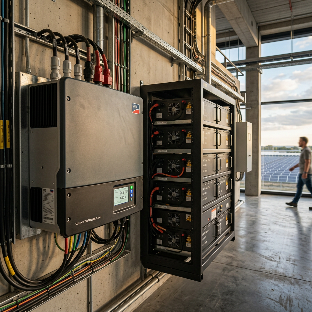 Close up of an industrial solar inverter and battery storage system