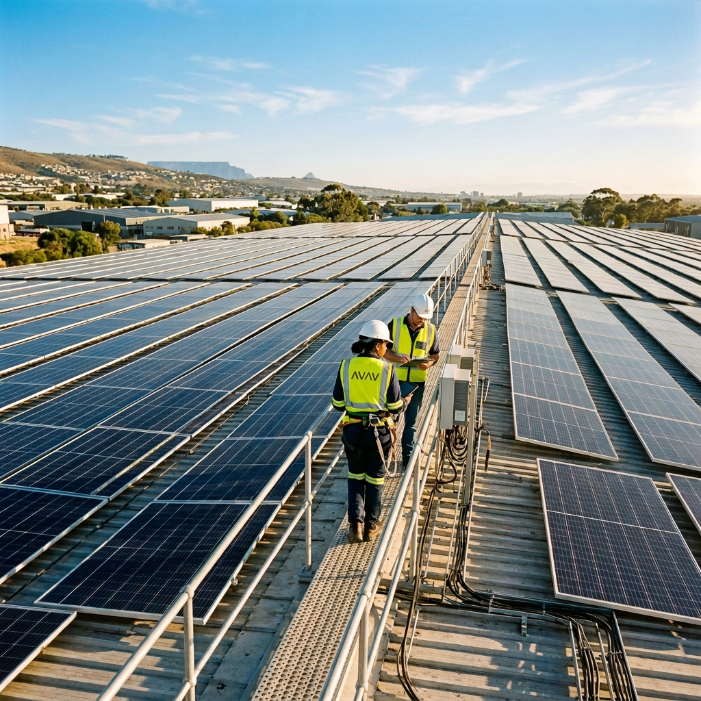Large scale commercial solar panel array on a rooftop in South Africa with engineers inspecting