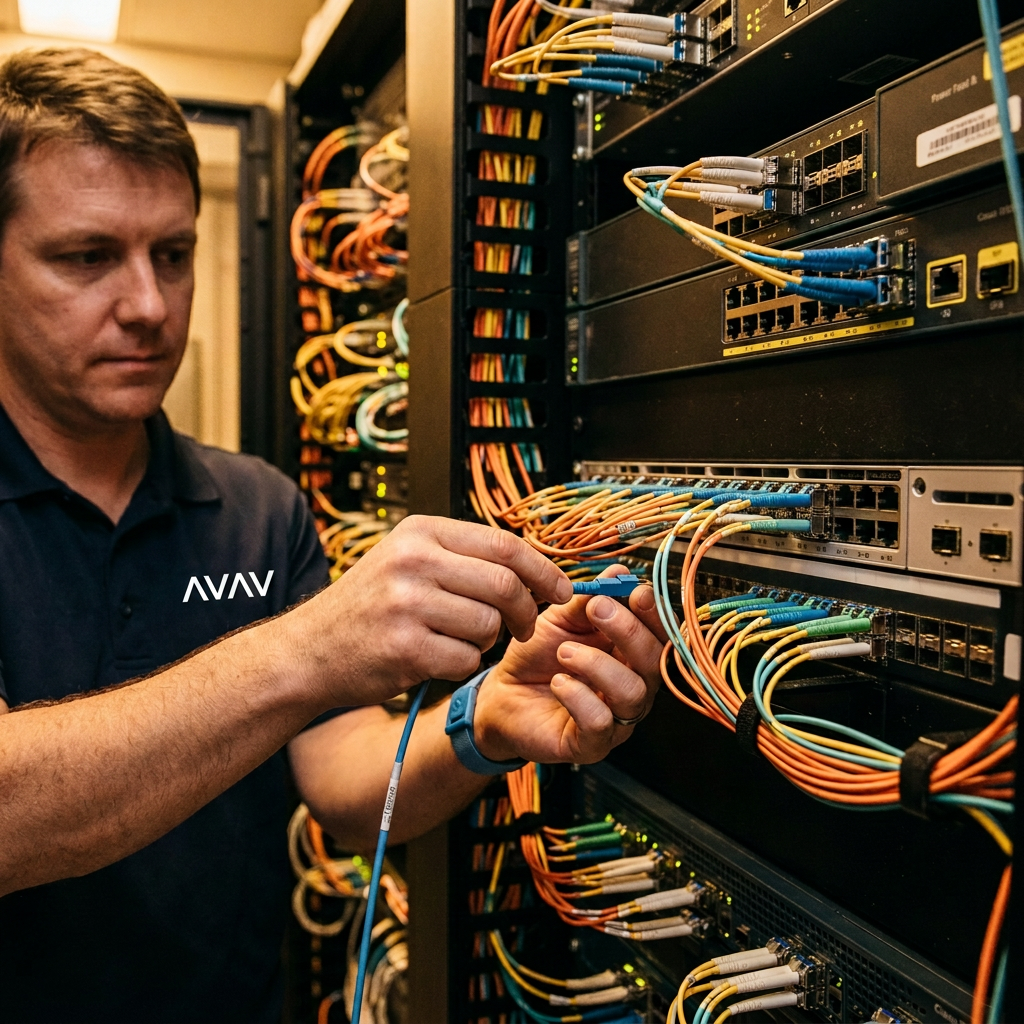 Close up of fibre optic cables and network switches being patched by a technician