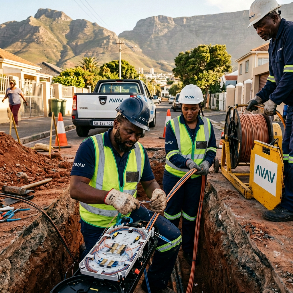 South African telecom engineers installing fibre optic network infrastructure