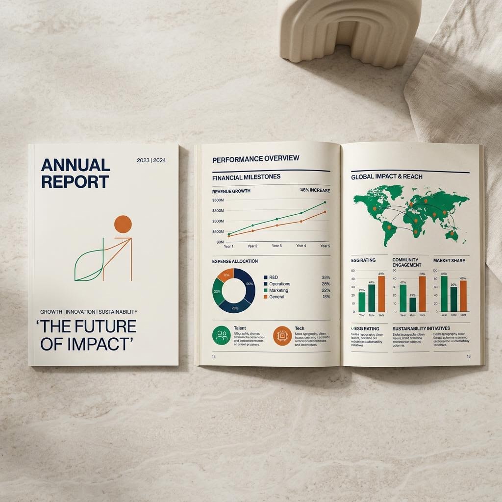 Annual report concept showing cover and data chart spread