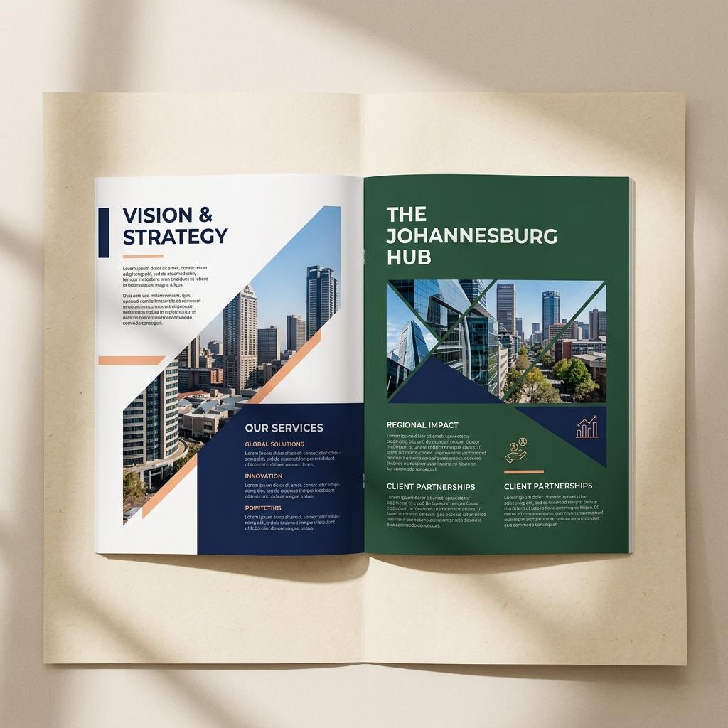Open A4 company profile brochure concept with green panels and architectural photography