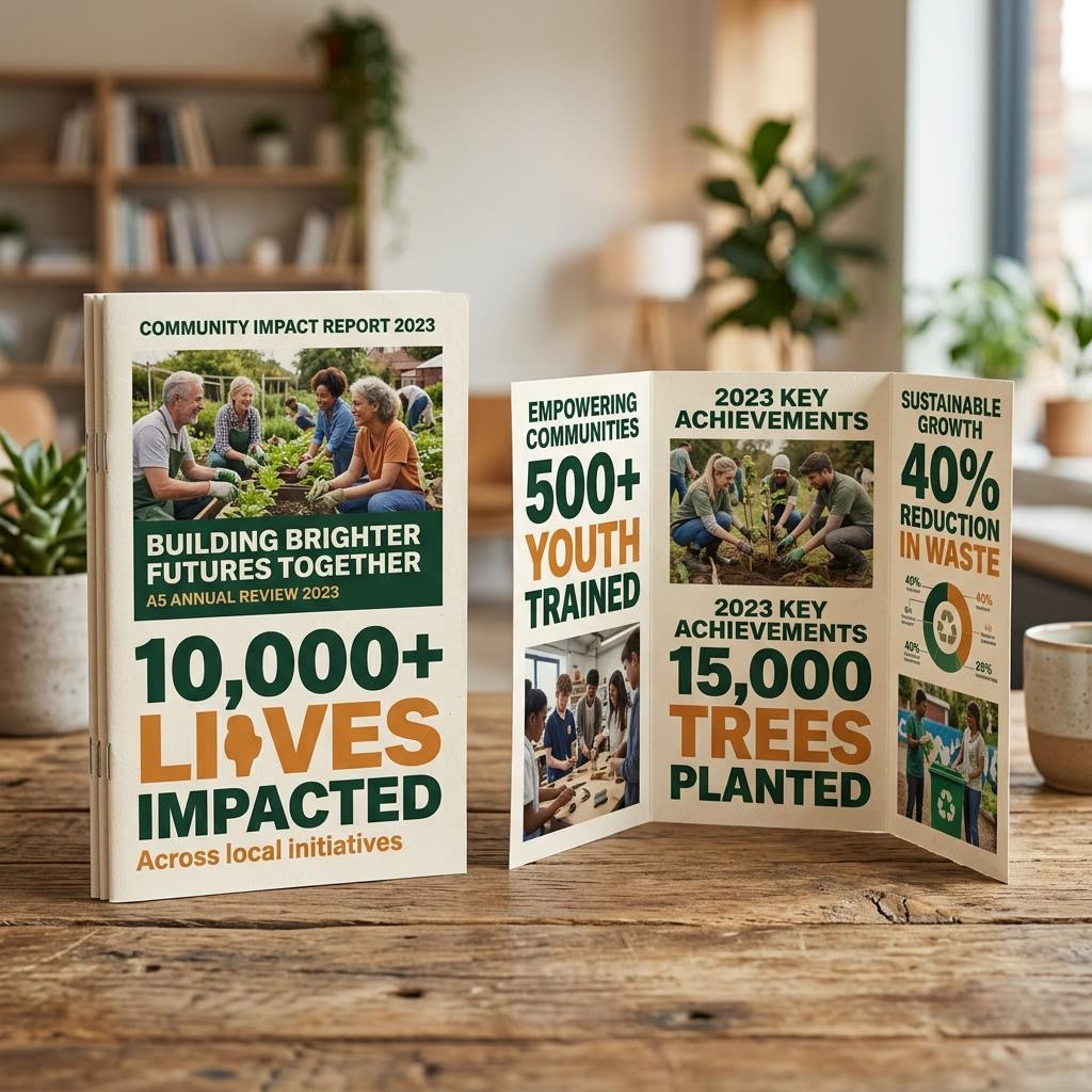 Impact report booklet concept with large statistics typography