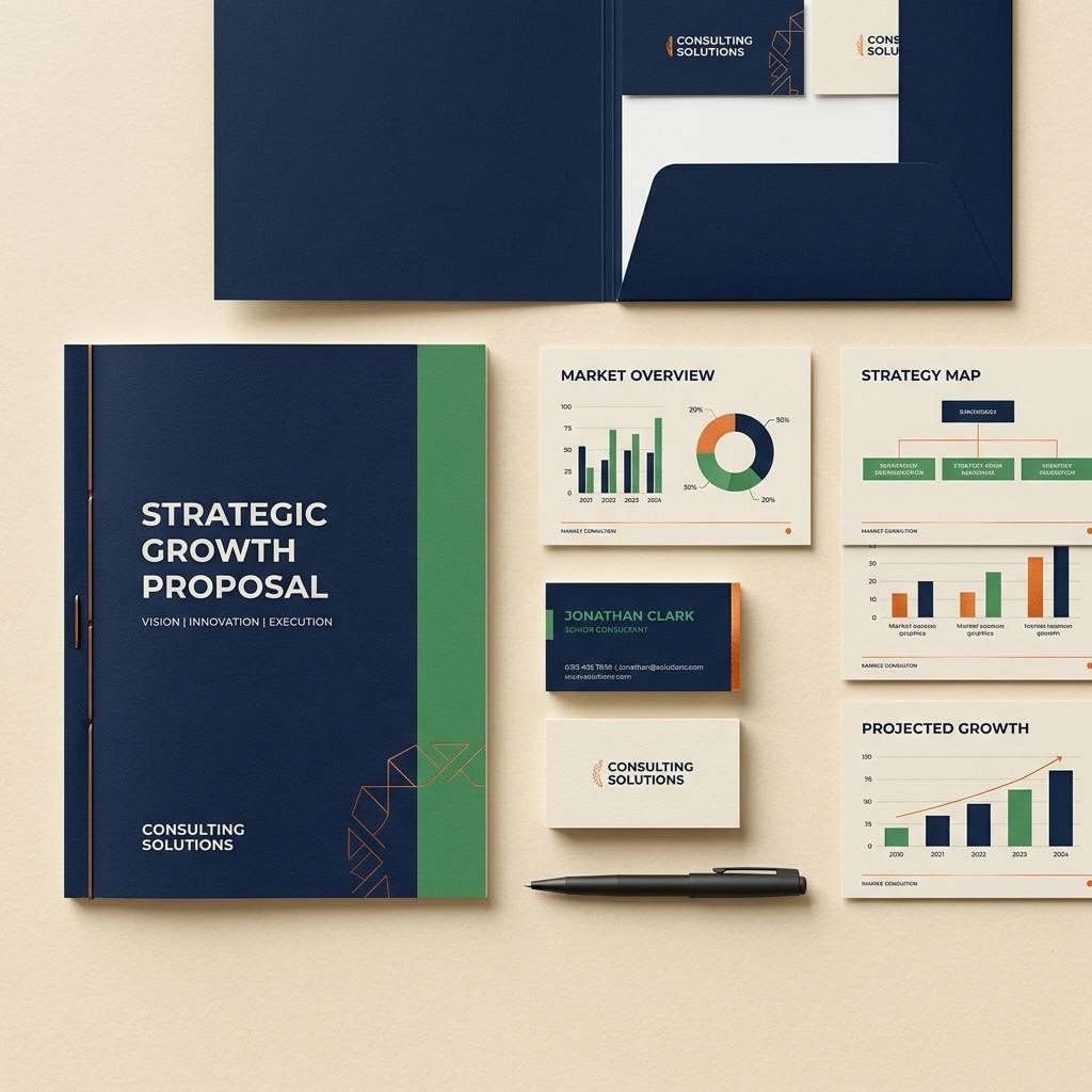 Corporate proposal and presentation deck concept flat-lay