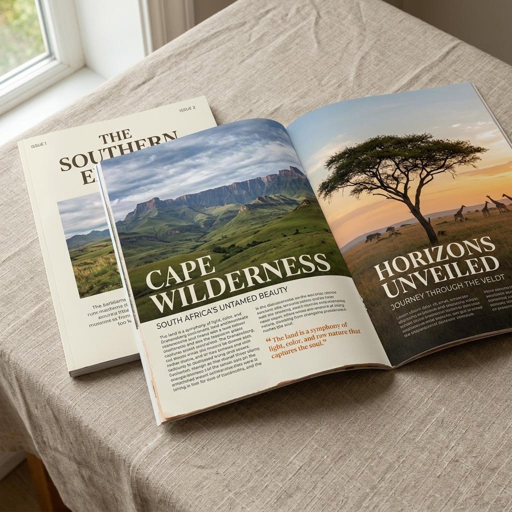 Open editorial magazine concept with landscape photography