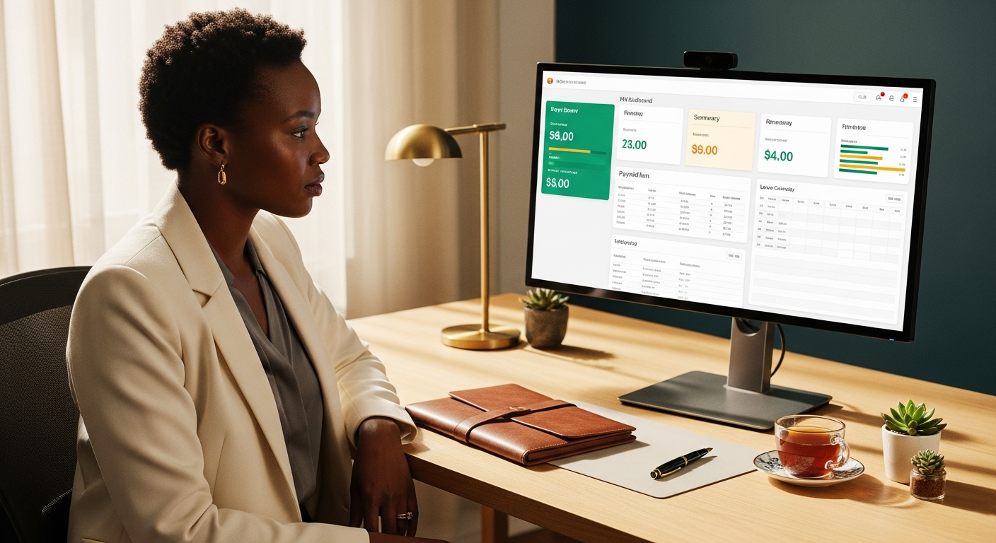 South African HR director in a tailored cream blazer reviewing a clean payroll and leave dashboard on an ultrawide monitor in a sunlit modern office