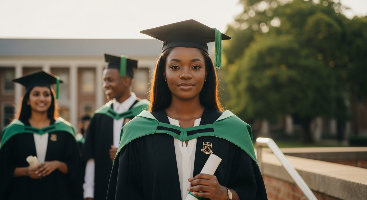 Black South African graduate in academic gown holding a certificate on a sunlit university campus, with two fellow graduates softly out of focus behind her