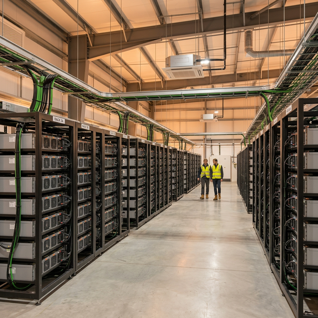 Racks of industrial lithium-ion batteries