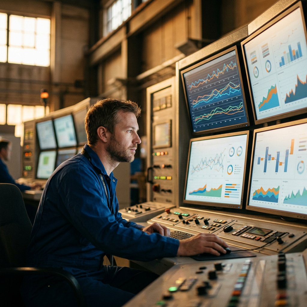 Engineer reviewing power monitoring screens