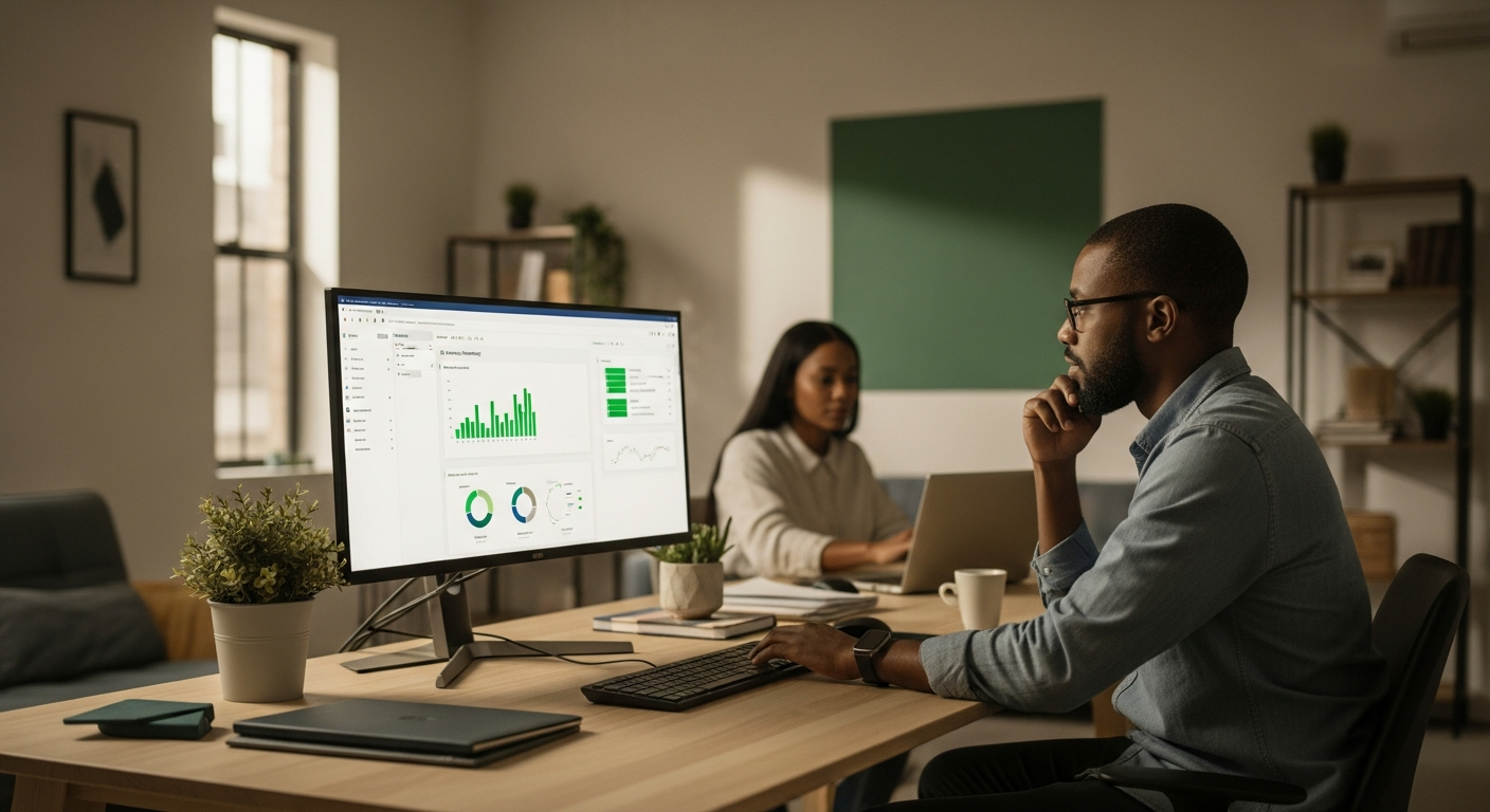 South African data scientist studying model-training dashboards and data visualisations on an ultrawide monitor in a calm office