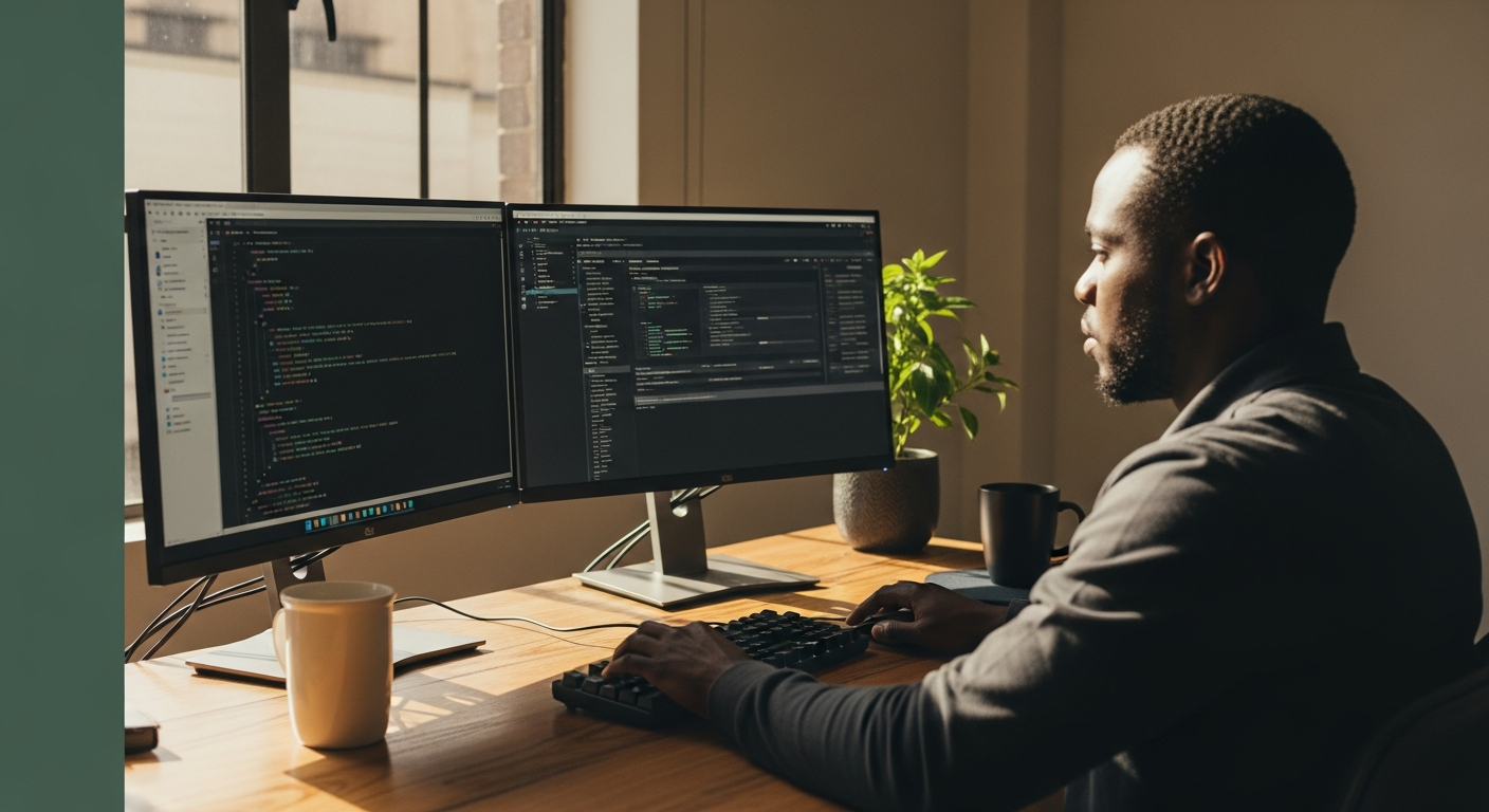 Focused South African software engineer building a custom operational system on a dual-monitor desk in warm natural light
