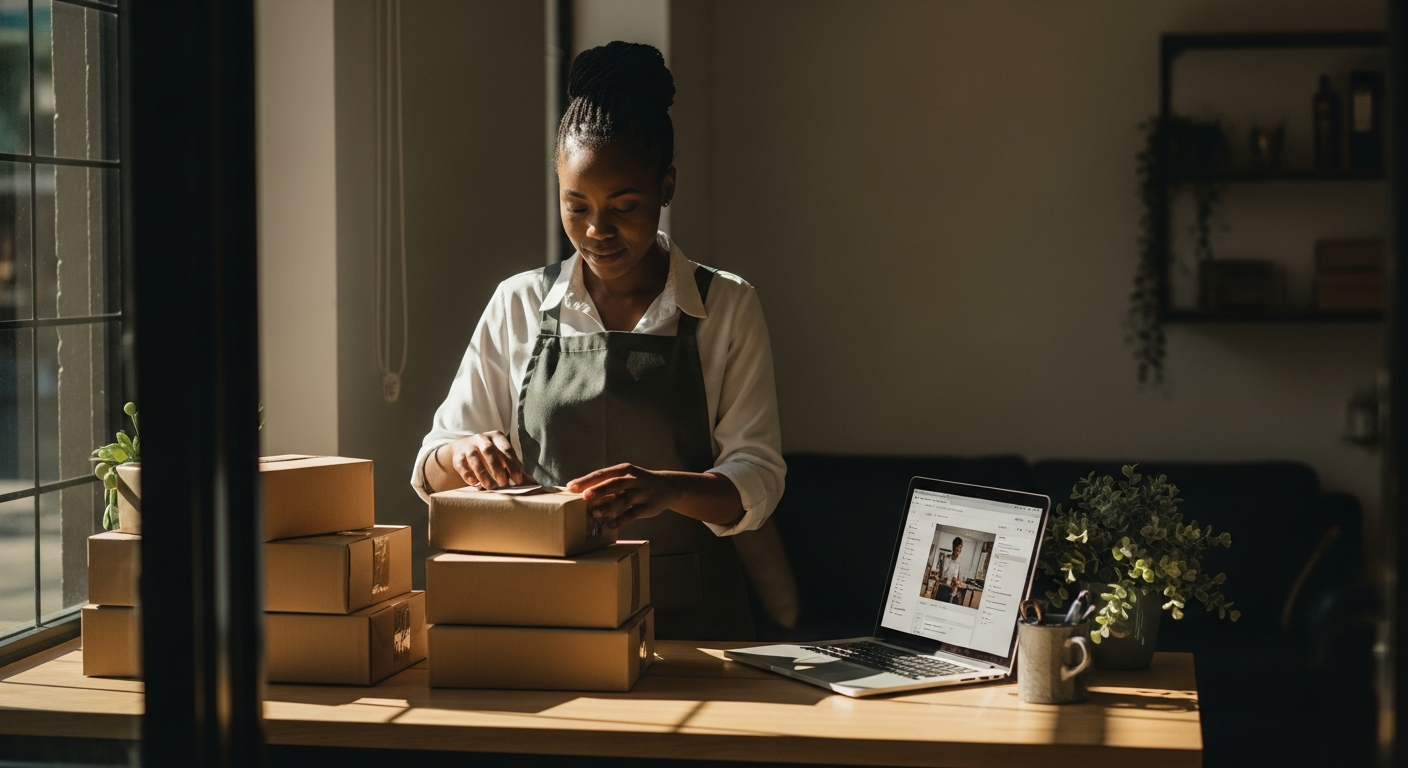 South African small-business owner packing online orders at a counter with an e-commerce dashboard open on a laptop beside neat parcels